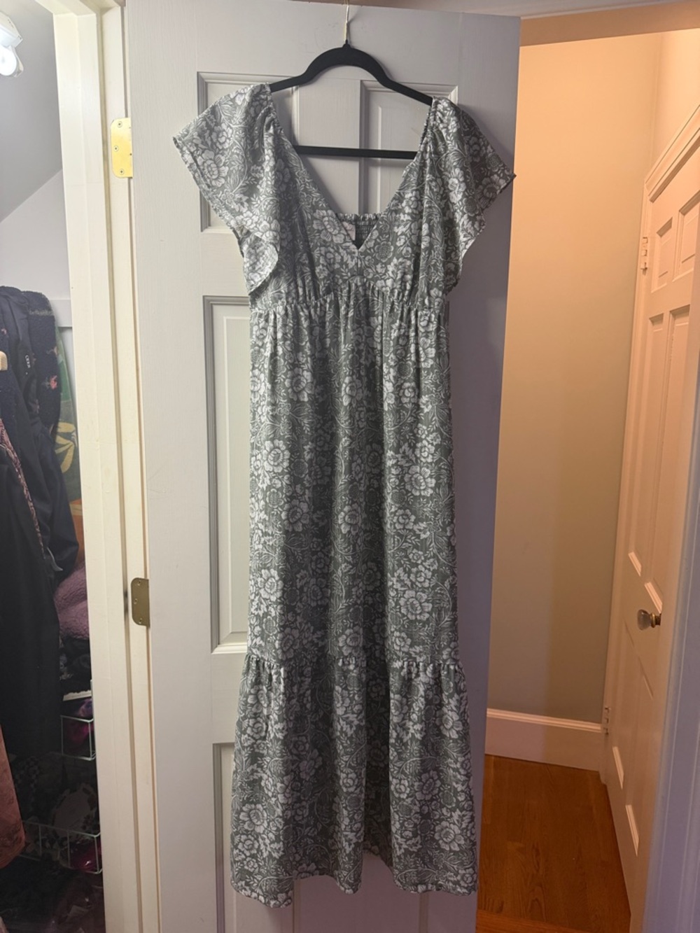 Green Floral Maxi Dress with Flutter Sleeves